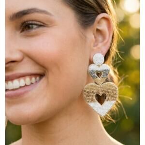 Kay Lee White Gold Silver Heart Glass Beaded Earrings New